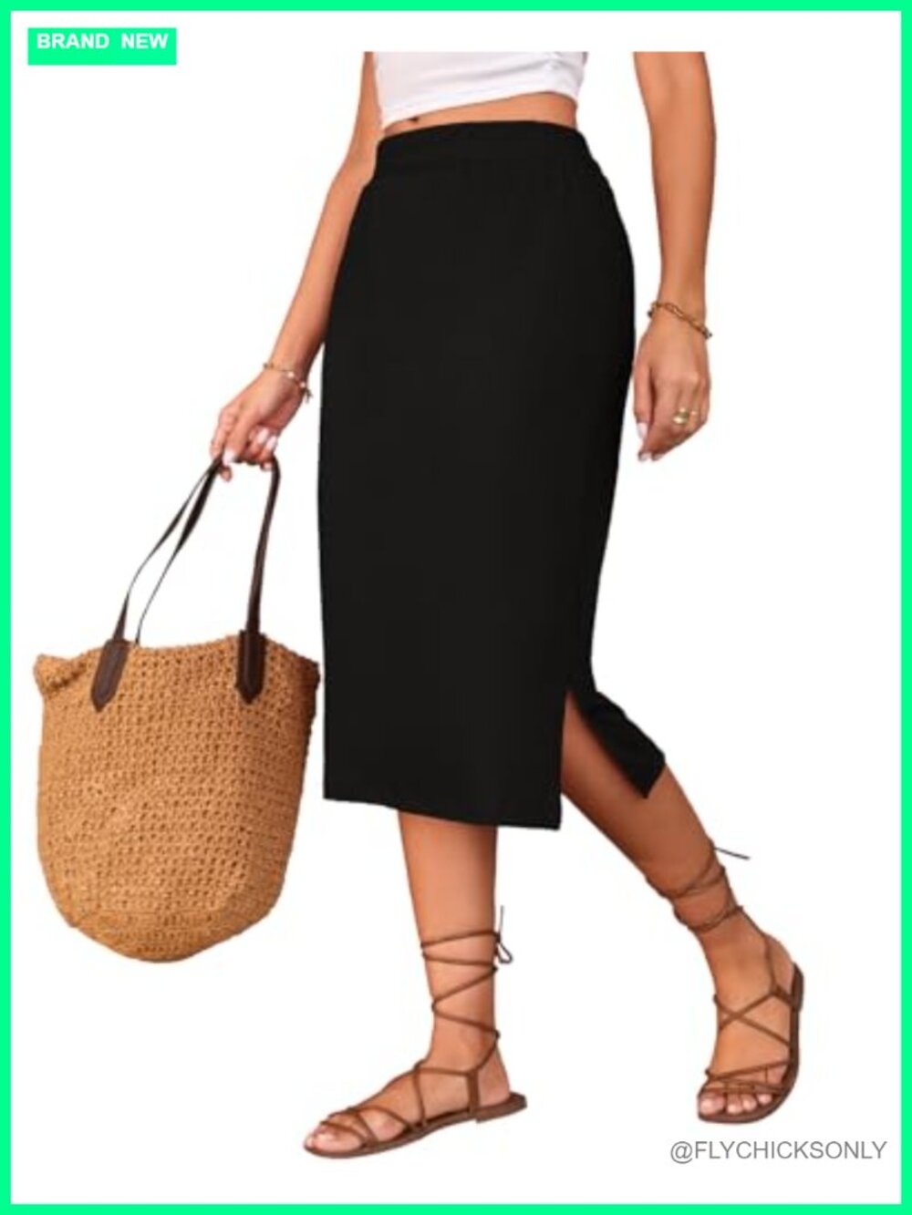 Midi Skirt High Waisted Elastic Waist Side Slit Summer Casual Long Skirt